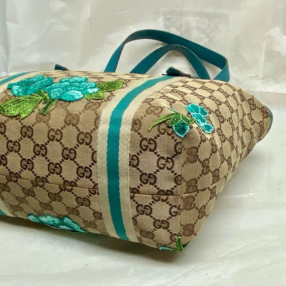 (SOLD) Vintage, Gucci, Rare, GG Coated Canvas with Teal Leather Shoulder Strap - Picture 8 of 12